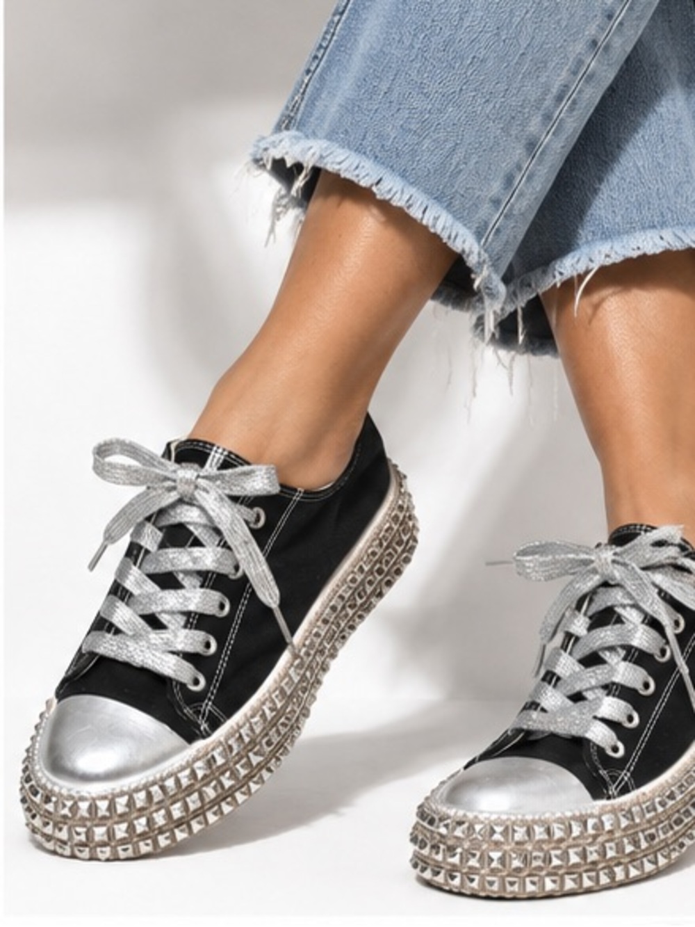 Custom Studded Platform Sneakers Women’s 10 Black Silver Rhinestone Punk Shoes